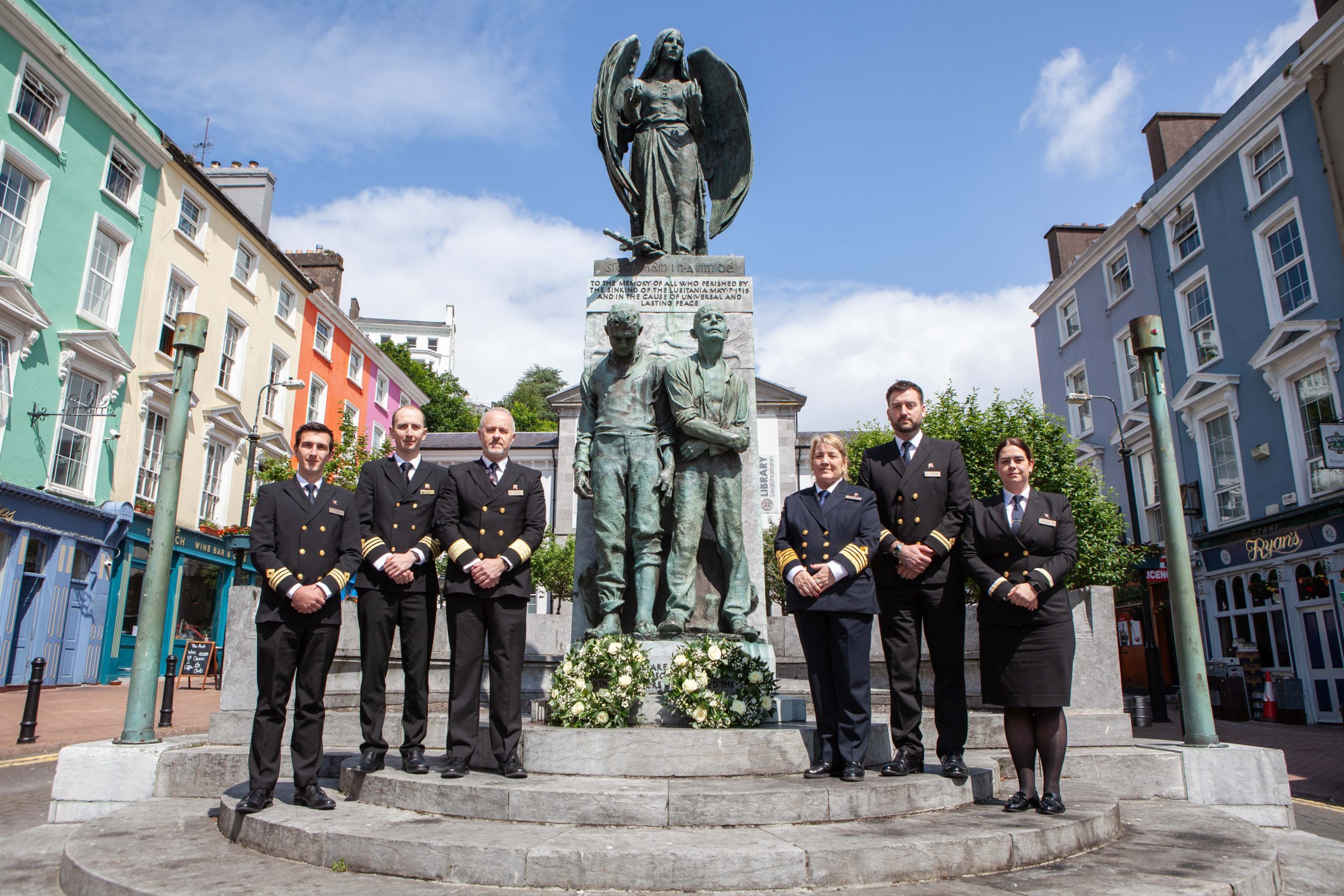 Port of Cork Company Welcomes Queen Anne on Maiden Voyage to Cobh - A commemoration wreath was placed at the Lusitania Memorial in Cobh to honour the memory of those lost in the tragic sinking of the Lusitania in 1915 (Image at LateCruiseNews.com - May 2024)